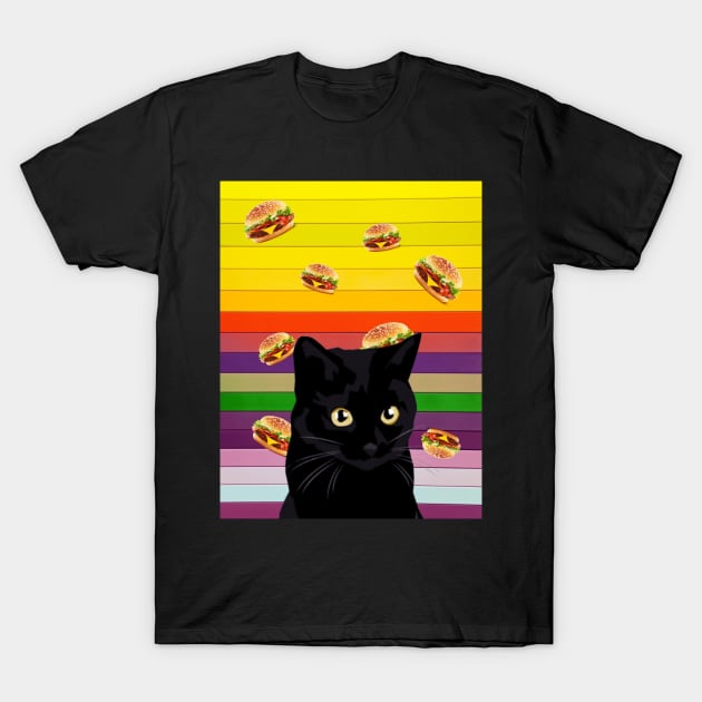 Black cat and burgers, Black cat collage art T-Shirt by reesea